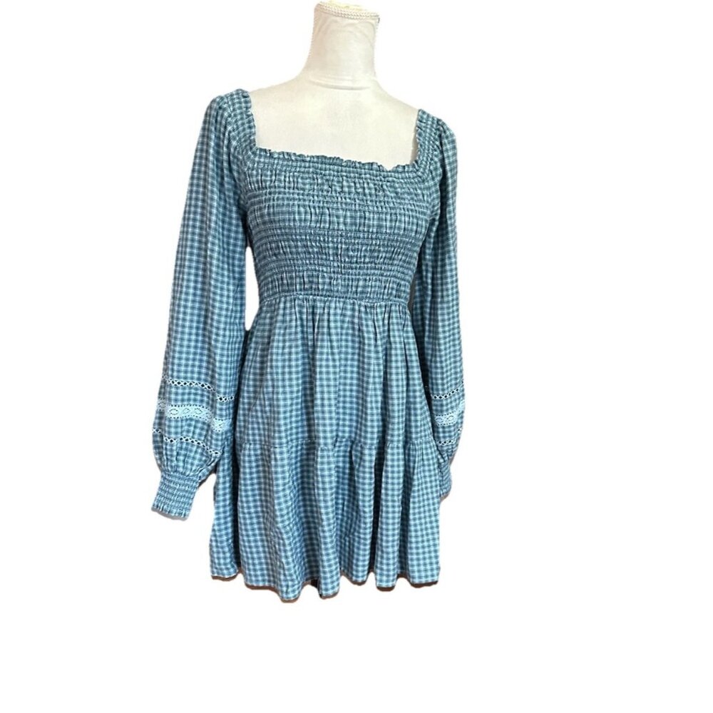 American Eagle Y2K Green Plaid Mini Peasant Dress Tiered Smocked Bust Sz S - Picture 1 of 8
